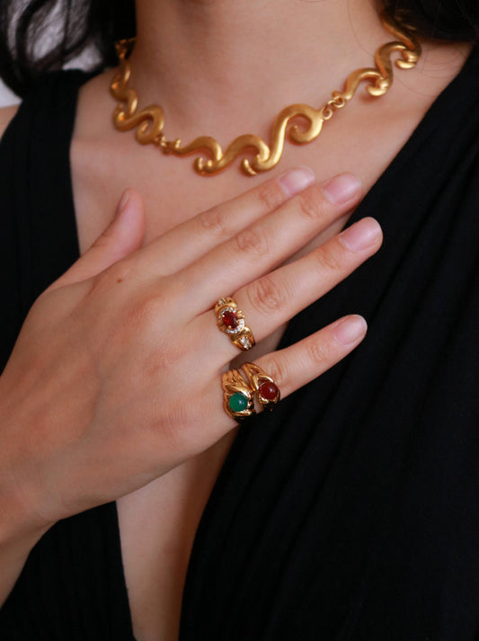 Vintage vermeil green agate ring worn on model, showcasing elegant French craftsmanship from the 1990s.