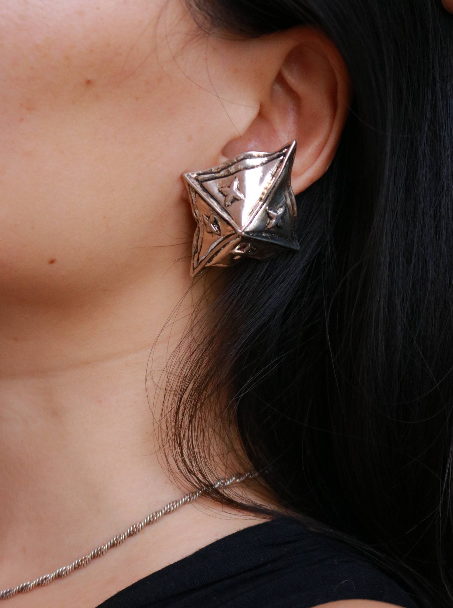 Vintage Silver-Tone Geometric Star Clip-On Earrings – Lightweight