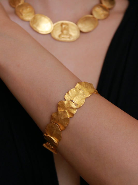Vintage BCAB 24K gold plated organic link bracelet worn on model, showcasing its sculptural modernist design.