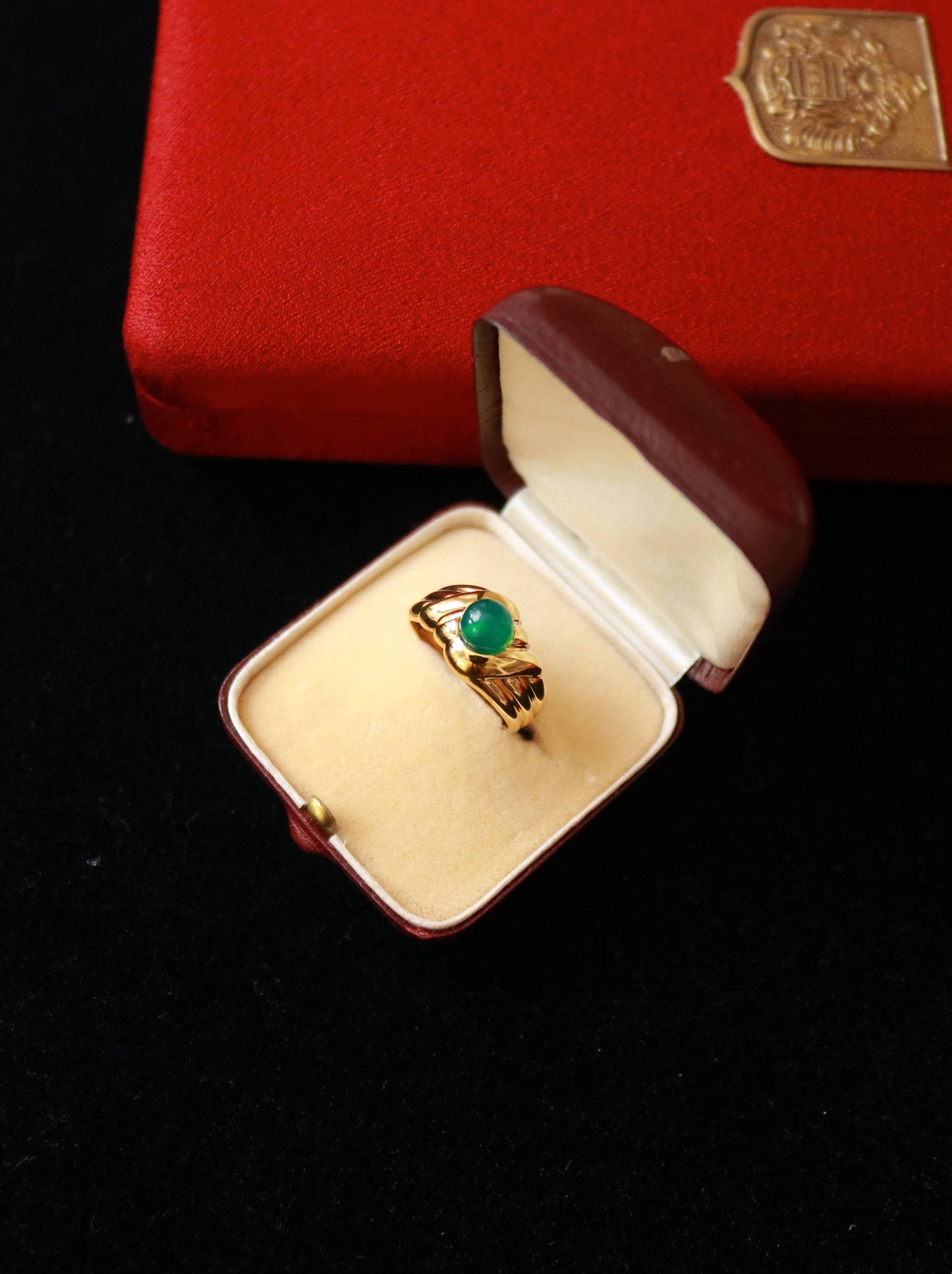 Vintage vermeil green agate ring with double French hallmarks, 1990s.