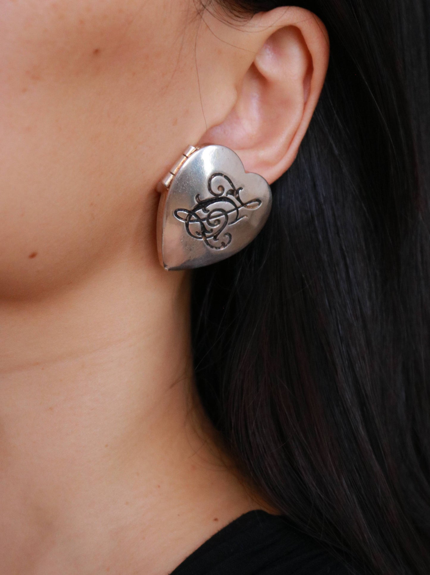 Signed Chantal Thomass heart-shaped statement clip-on earrings with a sculptural box design.