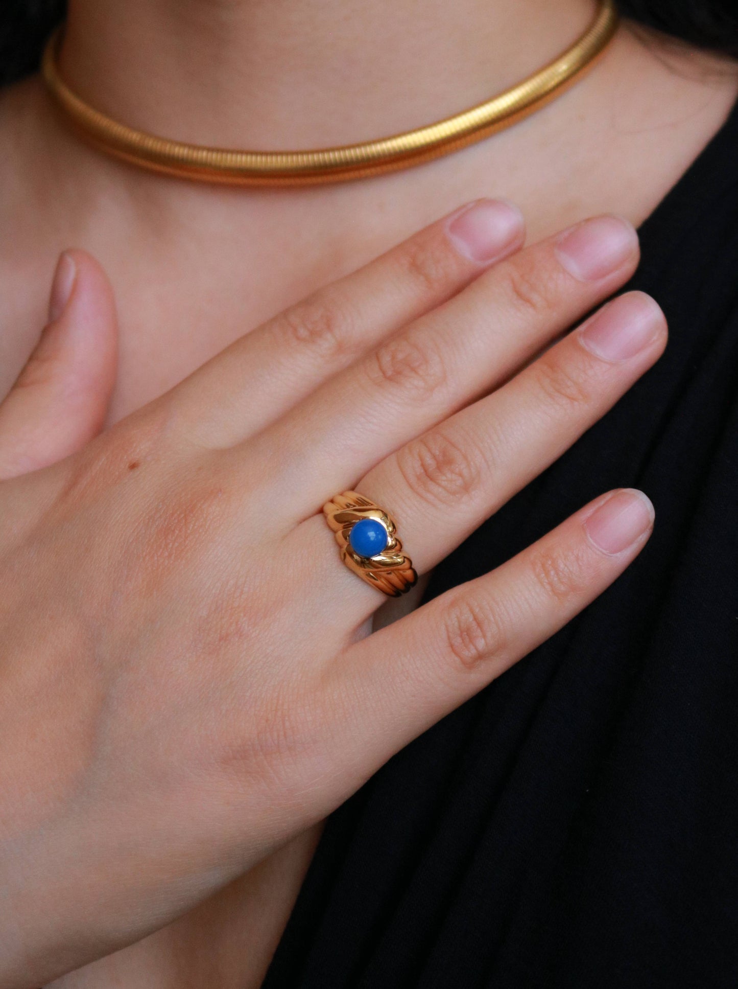 Vintage Vermeil Blue Cabochon Ring with Double French Hallmarks, 1990s