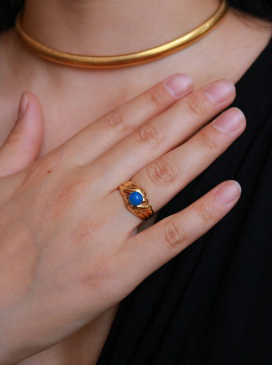 Vintage Vermeil Blue Cabochon Ring with Double French Hallmarks, 1990s