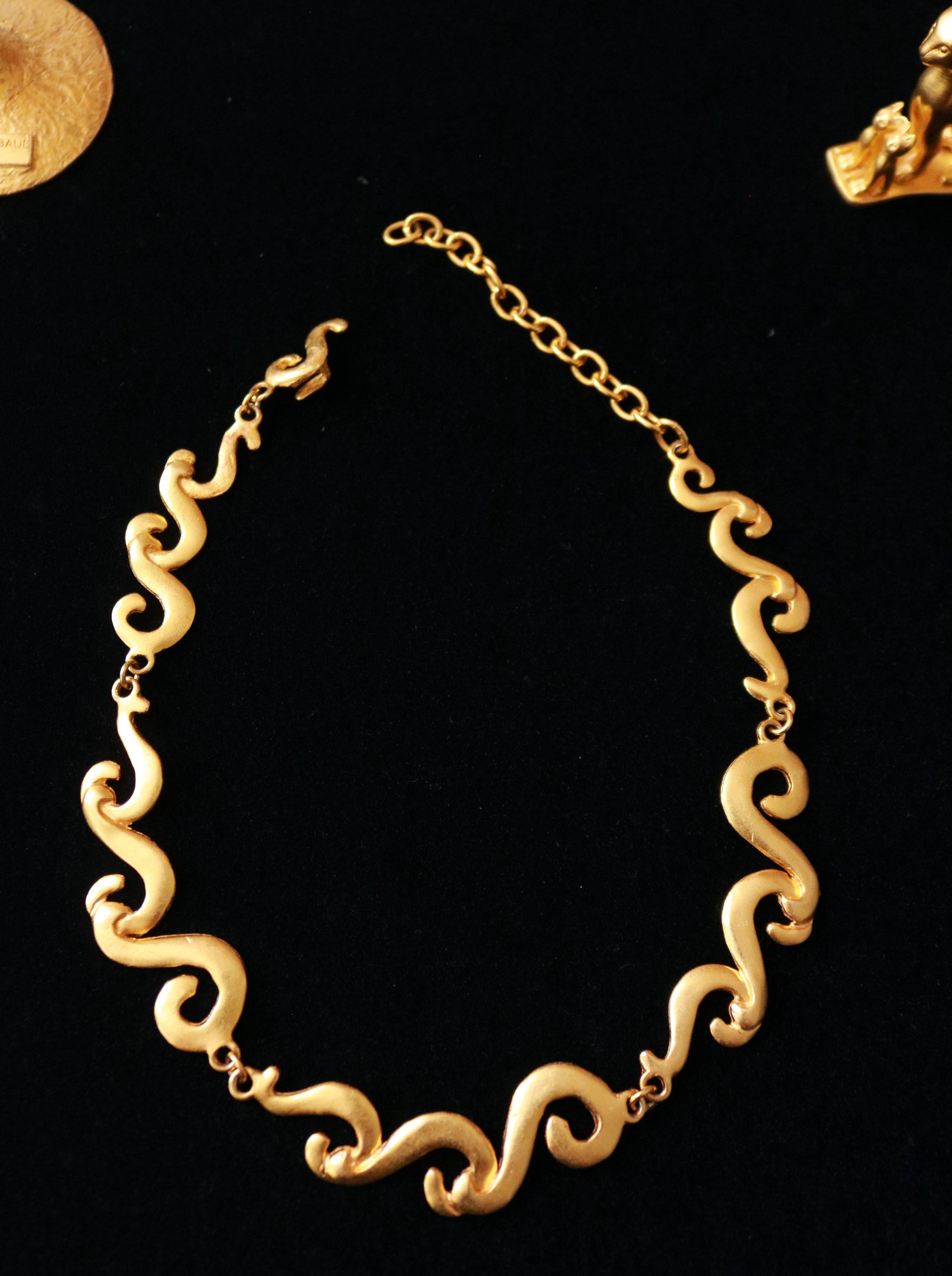Authentic vintage Multiples gold-tone statement necklace, French, 1980s, featuring sculptural organic links.