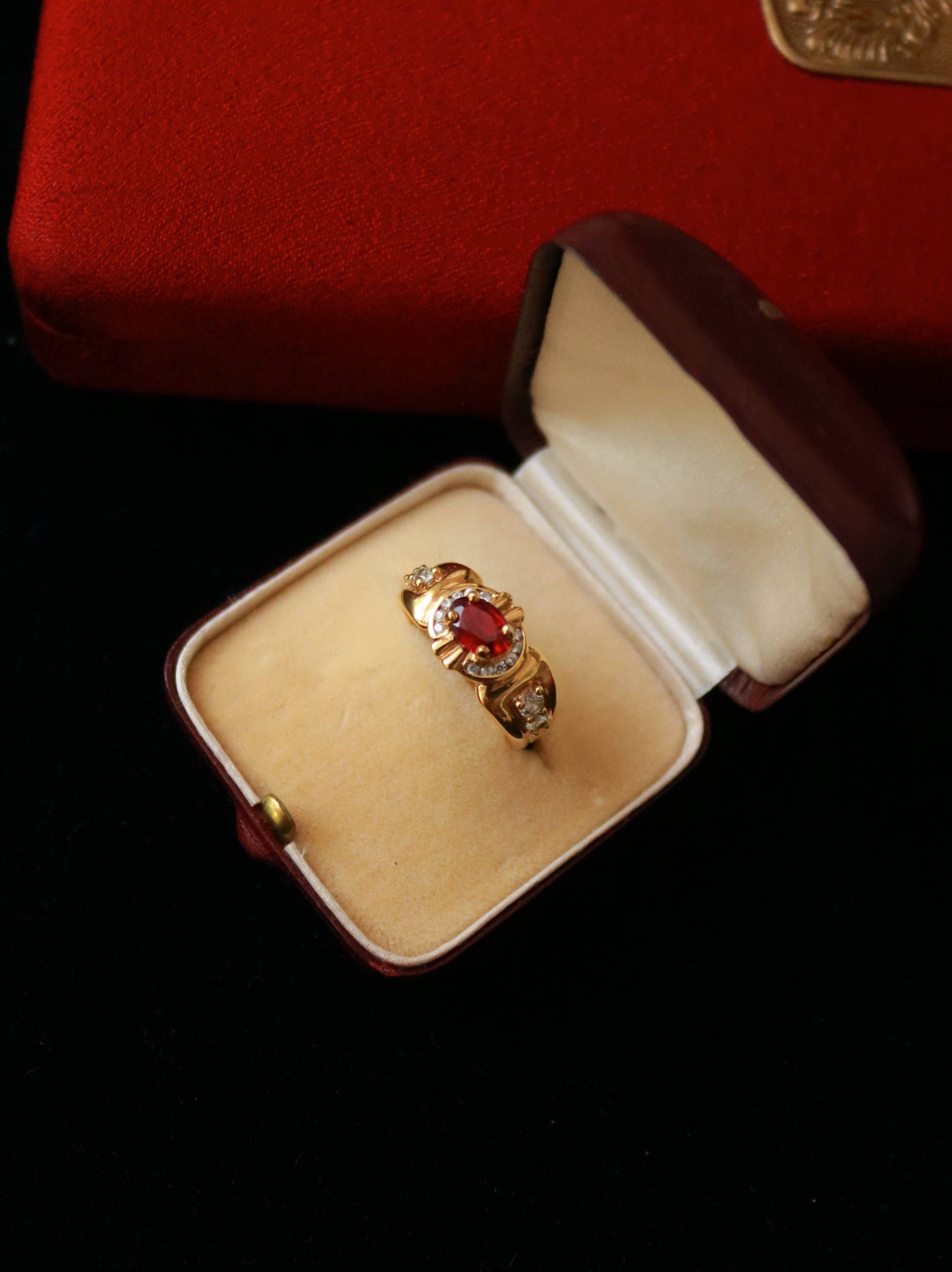 Vintage Vermeil Gold-Plated Red Crystal Ring with French Hallmark, 1980s