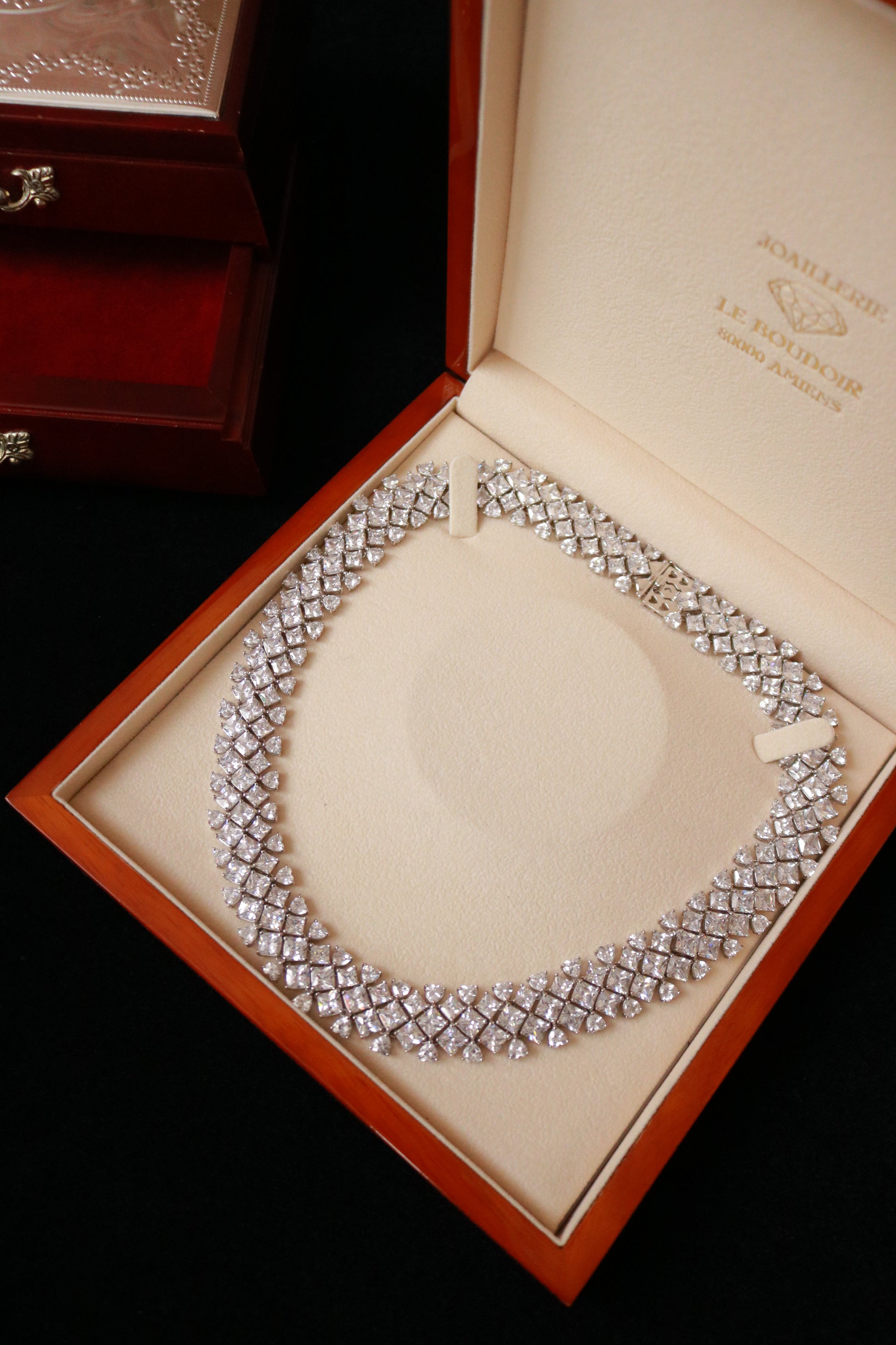 Elegant vintage DSCZ evening necklace worn on model, perfect for gala events and formal occasions.