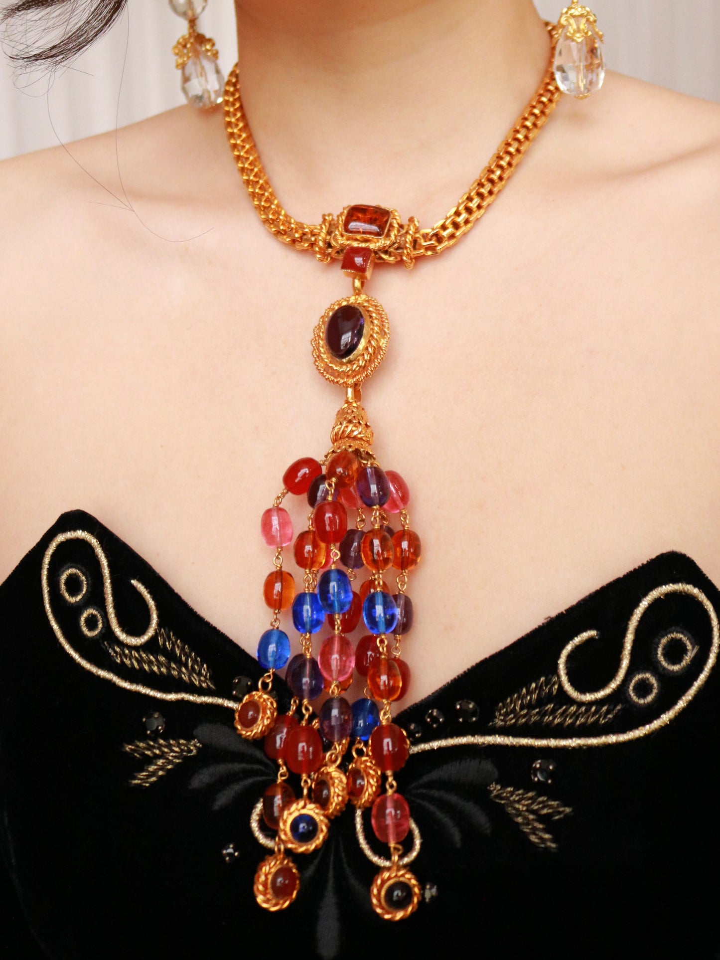 Authentic Chanel Haute Couture Gripoix statement necklace worn on model, circa 1980s.